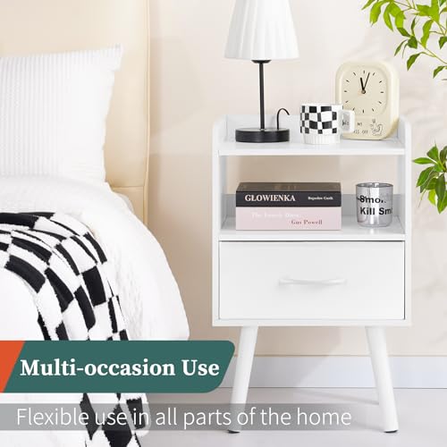 Yoobure Modern Nightstand with Drawer, Bedside Tables, Mid Century Nightstands with Open Storage Shelf, Wood Bedside Table, Small Night Stands for Bedrooms, 2-Tier Night Table - color: White