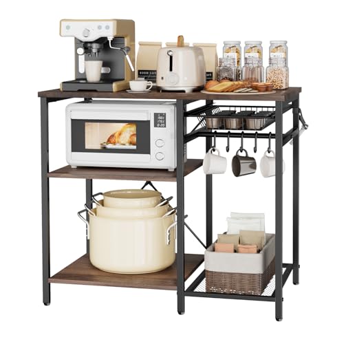 VEVOR Bakers Rack, 35.4 inch Width Microwave Stand,Kitchen Stand with X-Shaped Support Bar & 5 S-Shaped Hooks,Kitchen Storage Shelf for Dish Storage, Spice Jars, Coffee Bar Organization - size: 35.4 x 15.7 x 35.4