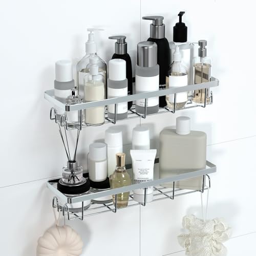 Shower Caddy Organizer with Hooks,Self Adhesive Bathroom Shelves,No Drilling Bathroom Organizers and Storage,Perfect for RV, Apartment, Home Decor,2 Pack Silvery - color: Silvery, size: 2 Pack