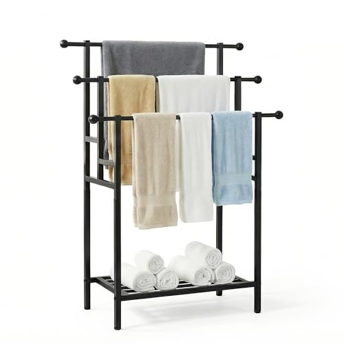 3 Tier Alloy Steel Towel Rack, 35" H Free Standing with Basket, Blanket Drying and Display for Oversized Bath Towels, Bathroom Accessories