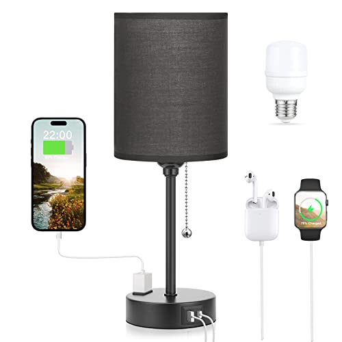 Dicoool Black Bedroom Lamp 3 Color Temperatures - Small Bedside Lamps with USB C and A Ports, Pull Chain Table Lamps with AC Outlet, Black Nightstand Light for Kids Sleeping - color: Black, size: 14.6 in