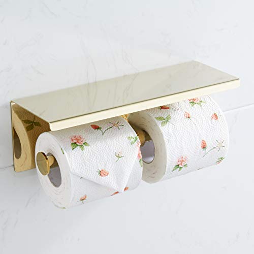 BGL Double Toilet Paper Holder Stainless Steel 304 Wall Mounted Two Heads Roll Tissue Holder with Shelf (Gold) - color: Gold