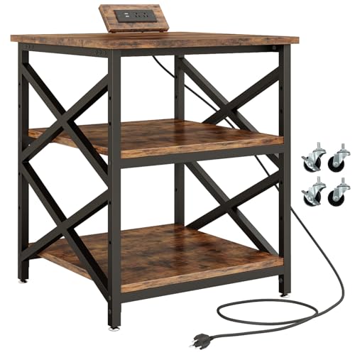 METYERRY 23.6"x23.6" Large Printer Stand with Power Outlet, 3 Tier Cart | Adjustable Shelf, Fits 3D Printers, Laser Printers and Heat Press, 200 lbs Heavy Duty, Industrial Wheels, Home Office - color: Rustic Brown