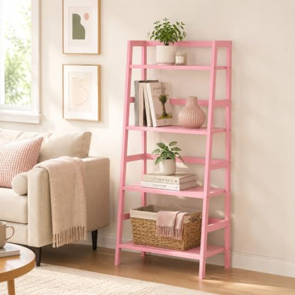 Homykic Bamboo Ladder Bookshelf, 4-Tier Ladder Shelf Open Book Shelf Freestanding Bookcase Bathroom Storage Rack Plant Stand for Living Room, Bedroom, Office, Easy Assembly, Pink - color: Pink