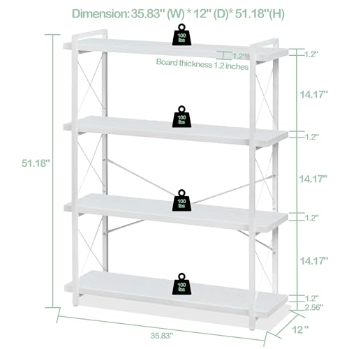 HCHQHS Bookshelf, 4-Tier Industrial Bookcase, White Open Book Shelf, Freestanding Tall Bookshelves with Metal Frame - color: Cloud White, size: 4-Tier (35.8"W x 51.2"H)