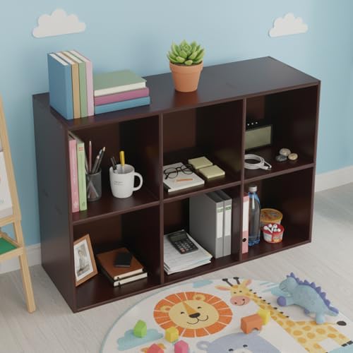 Solid Wood Bookcase with Compartments, 6-Cube Floor Bookshelf for Living Room, Study, Bedroom, Natural Pine Wood Storage Shelf Organizer Display Cabinet for Home, Office - size: 6-Cube(35.43x11.81x29.53in)