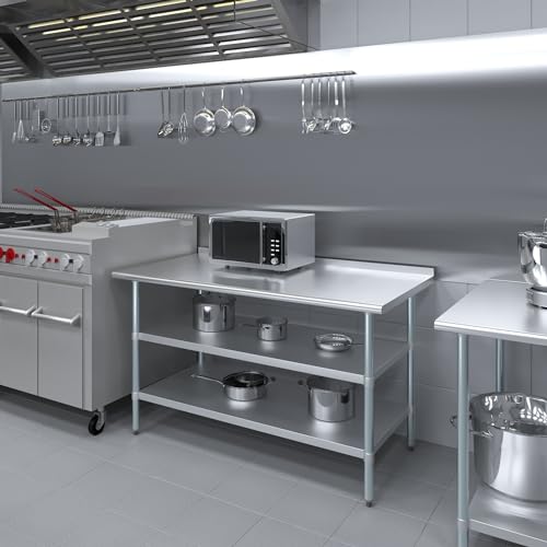 AmGood Stainless Steel Work Table with 1.5" Backsplash and 2 Shelves | Metal Kitchen Food Prep Table | NSF (60" Long x 30" Deep) - size: 60" Long x 30" Deep