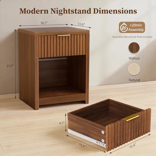 Fluted Nightstands Set of 2, Wooden Night Stand with Drawer Storage, Modern Mid Century End Table,for Bedroom Living Room Sofa Couch Home Office,Walnut