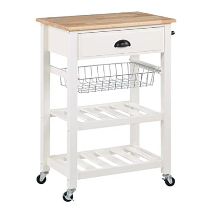 OSP Home Furnishings Hampton Kitchen Cart with Wood Top, Utensil Drawer, Under Cabinet Basket, and 2 Slatted Shelves, White Base