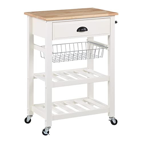 OSP Home Furnishings Hampton Kitchen Cart with Wood Top, Utensil Drawer, Under Cabinet Basket, and 2 Slatted Shelves, White Base