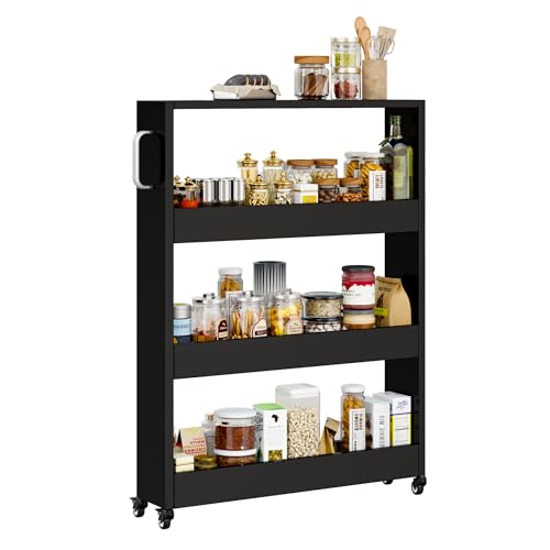 Slim Storage Cart, Lightweight 4 Tier Metal Rolling Utility Kitchen Cart on Wheels, Mobile Storage Shelving Unit Organizer for Bathroom Laundry Office Narrow Places (4 Tier-Black, 6" D) - color: 4 Tier-black, size: 6"D