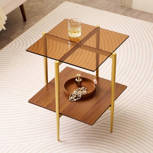 LumFurn Glass End Table, Mid-Century Modern Design Sofa Table, L41 x W21 x H17, for Living Room, 2-Tier Structure, Clear Glass Top and Walnut MDF Shelf, Sleek Conical Metal Legs with Gold Finish Frame - color: Amber & Walnut, size: L41" End Table