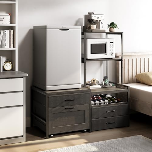 Herture Mini Fridge Stand with Wine Rack, Kitchen Bakers Rack with Power Outlet, Microwave Oven Stand, Coffee Bar, Movable Drawers, for Dorm,Office, Black HB04BXB - color: Black