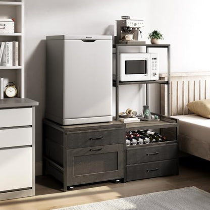 Herture Mini Fridge Stand with Wine Rack, Kitchen Bakers Rack with Power Outlet, Microwave Oven Stand, Coffee Bar, Movable Drawers, for Dorm,Office, Black HB04BXB - color: Black