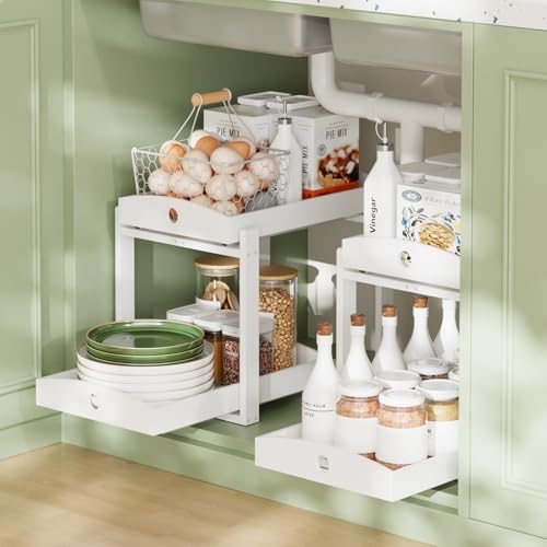 APRTAT 2 Pack Under Sink Organizer, Bamboo Wooden 2-Tier Pull-Out Storage with Sliding Drawers for Kitchen and Bathroom Cabinets, Easy Installation (White) - color: White
