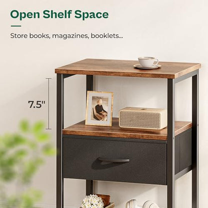 Huuger Nightstand Set of 2, Night Stand with Fabric Drawer, Mesh Shelf, Side Table with Storage, Fabric Drawer Dresser, Open Shelf, Metal Frame, Bedroom, Rustic Brown and Black - color: Rustic Brown and Black