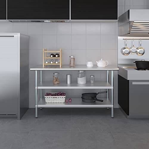 Stainless Steel Work Table with 2 Shelves | Metal Utility Table | Commercial & Residential NSF Utility (Stainless Steel Table with 2 Shelves, 60" Long x 24" Deep) - size: 60" Long x 24" Deep