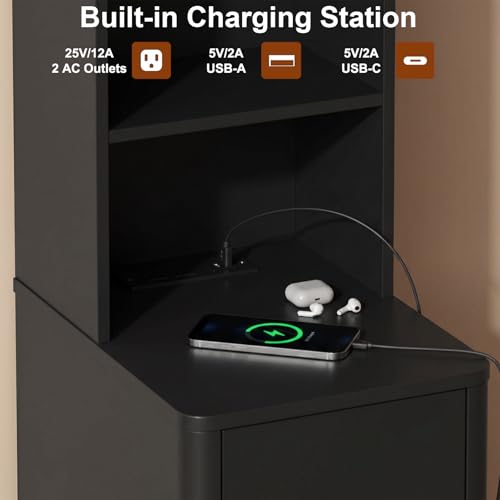 Tall Nightstand Set of 2 w/Charging Station, Narrow Nightstand w/Bookshelf | 47" Modern Side Table with 2 Drawers, Adjustable 4 Open Shelves, Wooden End Table Bedside Table for Bedroom (Black) - color: Black, size: Tall (2 drawer)