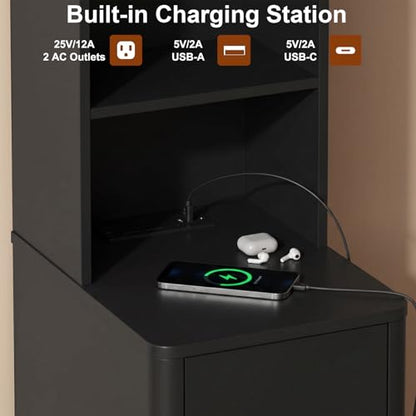 Tall Nightstand Set of 2 w/Charging Station, Narrow Nightstand w/Bookshelf | 47" Modern Side Table with 2 Drawers, Adjustable 4 Open Shelves, Wooden End Table Bedside Table for Bedroom (Black) - color: Black, size: Tall (2 drawer)