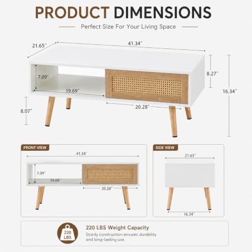 Meihua Rattan Coffee Table with Sliding Door Storage, Mid Century Modern Center Table with Open Shelf and Hidden Compartment, Natural Wood Coffee Table with Solid Wood Legs for Living Room, Apartment - color: White