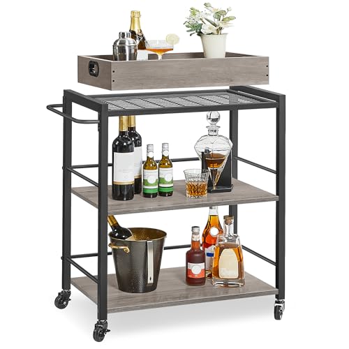 VASAGLE Kitchen Serving Cart with Removable Tray, 3-Tier Kitchen Utility Cart on Wheels with Storage, with Brakes, Leveling Feet, 15.7 x 28.3 x 33.9 Inches, Greige and Black ULRC072B02 - color: Greige + Black, size: 15.7"D x 28.3"W x 33.9"H