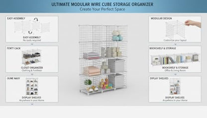 12-Cube Storage Organizer, Metal Wire Cube Shelving Unit, 11.8" L x 11.8" W x 11.8" H, Modular Grid Bookshelf for Closet, Bedroom, Office, White ATTJL12W - color: White