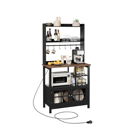 ChooChoo Farmhouse Coffee Bar Cabinet with Storage, Bakers Rack with Power Outlets, Microwave Stand Kitchen Cabinet with Hutch and 6 Hooks, Black - color: Black