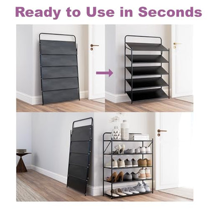 5 Tier No-Assembly Shoe Rack, Foldable Shoes Rack Organizer Without Installation, Portable Solid Metal Shoe Shelves for Closet, Entryway, Front Door Entrance - size: 5 Tier