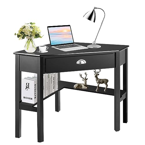 Corner Computer Desk, Space-Saving Corner Table with Drawer & Shelves, Home Office 90° Triangle Corner Workstation, Modern Makeup Vanity Table, Small Corner Desk for Small Spaces (Black) - color: Black, size: 41.5" × 28" × 30"