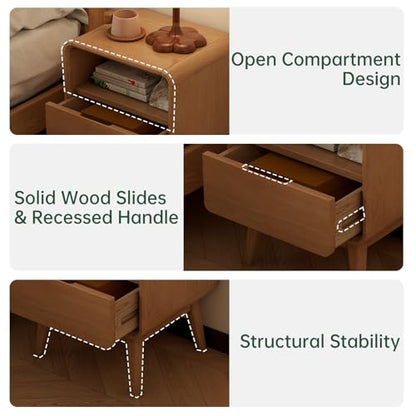 100% Solid Oak Wood Nightstand, Natural Wood Nightstand with Drawer Open Shelf, Mid Century Modern Night Stand, Small Side End Tables, Oak Bedside Table for Bedroom(16.54" Wx13.78 Dx20.47 H) - color: Natural Oak, style: Drawer & Open Storage-1