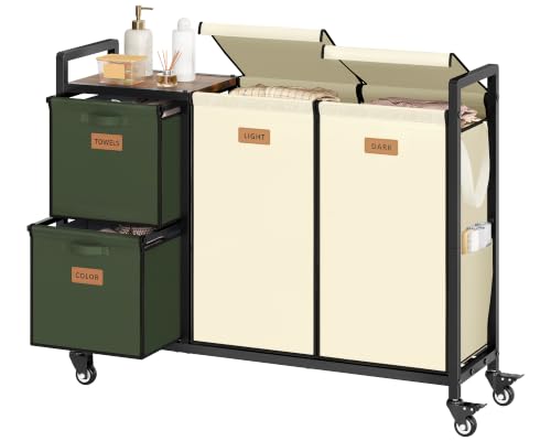 Hoctieon 4 Section Laundry Cart, 52.8 Gal. (200L) Laundry Hamper with Lid, Laundry Basket with Wheels, Rolling Laundry Sorter Organizer with Shelf, Clothes Separator with Removable Bags, Beige+Green - color: Beige+Green