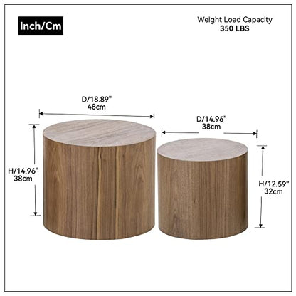 Round Coffee Table Set of 2, Nesting Coffee Table and End Table Set Wood Small Circle Drum Side Table for Living Room Office, No Assembly,Walnut - color: Walnut