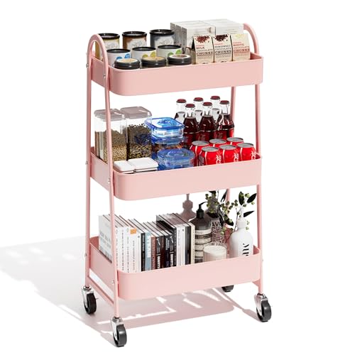 Simple Deluxe 3 Tier Small Rolling Cart, Metal Utility Storage Organizer for Kitchen, 16.9”(L) x 12.2”(W) x 30.9”(H), Movable Bathroom Organizers and Storage Trolley with Wheels, Pink - color: Pink