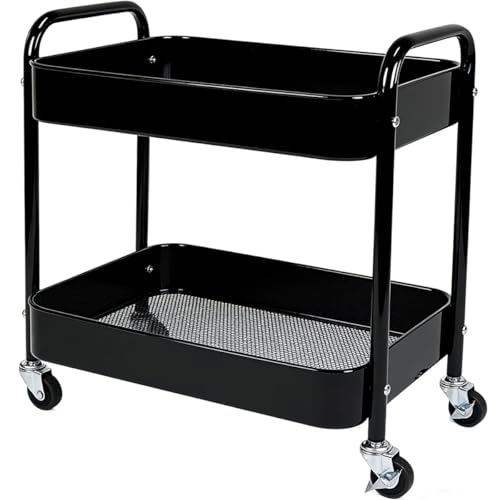 2 Tier Rolling Utility Cart with Wheels, Under Desk Storage Organizer for Pantry Kitchen Laundry, Large Capacity Metal Kitchen Utility Cart, Sturdy Makeup Organizer for Small Space with 4 Hooks - color: Black