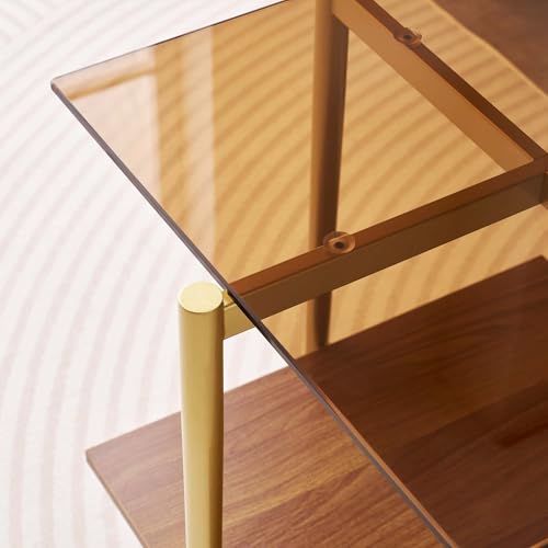 LumFurn Glass End Table, Mid-Century Modern Design Sofa Table, L41 x W21 x H17, for Living Room, 2-Tier Structure, Clear Glass Top and Walnut MDF Shelf, Sleek Conical Metal Legs with Gold Finish Frame - color: Amber & Walnut, size: L41" End Table