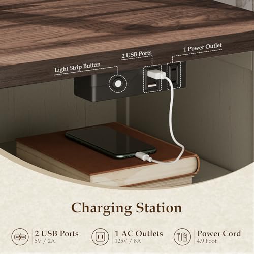 AODK Farmhouse Nightstand Set of 2, Bedside Tables with Charging Station & LED Lights, End Tables with Two Drawers and Open Storage, Rustic Bed Side Tables for Bedroom, Rustic White & Walnut - color: Rustic White & Dark Walnut