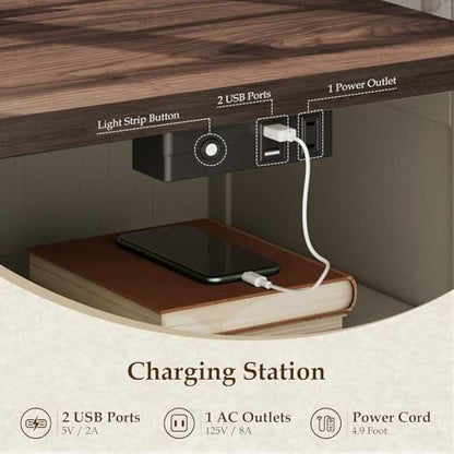 AODK Farmhouse Nightstand Set of 2, Bedside Tables with Charging Station & LED Lights, End Tables with Two Drawers and Open Storage, Rustic Bed Side Tables for Bedroom, Rustic White & Walnut - color: Rustic White & Dark Walnut