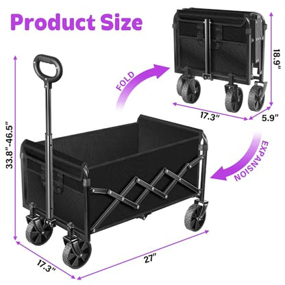 Wagons Carts Foldable,280 LBS Large Capacity Foldable Wagon Cart Collapsible Wagon with Wheels & Drink Holders,Utility Folding Cart for Camping Garden Beach Picinic Grocery Outdoor Shopping(Black) - size: 280LBS
