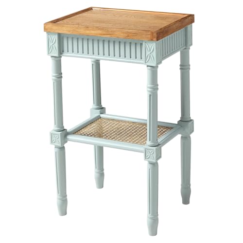 COZAYH End Table - Rustic Farmhouse Accent Table - Tray Top, Pale Mint Blue | Engineered Wood, 17 x 13 x 28.25 in, 35 lb Capacity, Rectangular Shape, Distressed Finish, Wicker Shelf, No Assembly Required - color: Mint, size: 1-Pack