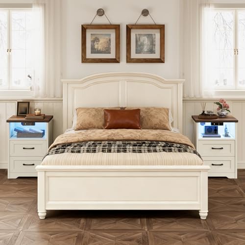AODK Farmhouse Nightstand Set of 2, Bedside Tables with Charging Station & LED Lights, End Tables with Two Drawers and Open Storage, Rustic Bed Side Tables for Bedroom, Rustic White & Walnut - color: Rustic White & Dark Walnut
