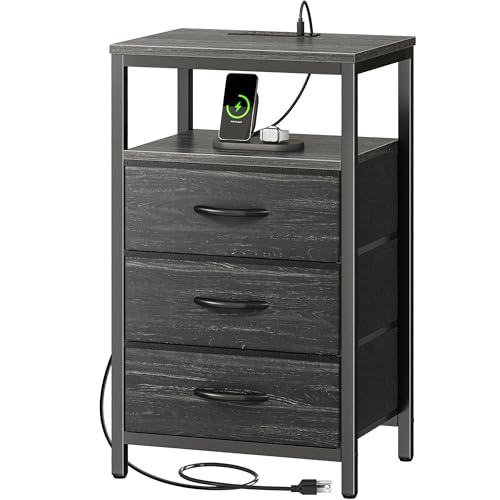 Huuger Nightstand with Charging Station, 27.6 Inch End Table Bedside Table with USB Ports and Outlets, Night Stand for Bedroom, Fabric Drawers, Charcoal Black Wood Grain Print - color: Charcoal Black Wood Grain Print, size: 11.8"D x 15.7"W x 27.6"H (3 Dra
