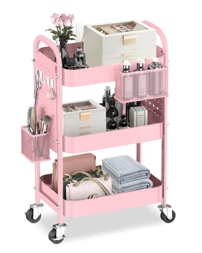 ALVOROG 3 Tier Rolling Cart with DIY Pegboards Metal Utility Cart with Wheels Handles Baskets Hooks, Craft Cart for Office Kitchen Bathroom(Cherry Blossom Pink) - color: Cherry Blossom Pink