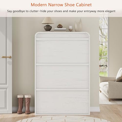 Garvee Shoe Cabinet with 3 Flip Drawers, Modern Narrow Shoe Storage Cabinet Organizer with Adjustable Shelf, 46" Tall Hidden Freestanding Shoe Rack Cabinet for Entryway, Hallway, Distressed White - color: Distressed White