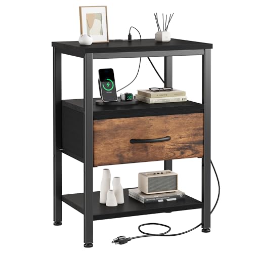 DUMOS Bedside Table with Charging Station and Adjustable Fabric Drawer Compact Nightstand 3-Tier Storage Organizer End Table for Bedroom,Black and Brown - color: Black and Brown, size: 15.7"D x 11.8"W x 23.29"H (1 Drawer)