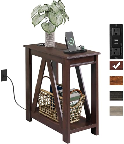 WLIVE Narrow End Table with Charging Station of Open Storage Shelf，Sofa Side Table with 2 USB Ports and 2 Power Outlets，Slim Farmhouse End Table for Small Spaces, 11.8" D x 23.6" W x 23.74" H - color: Espresso