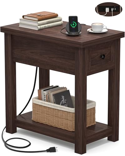 Armocity Narrow End Table with Charging Station - Farmhouse Side Table with Drawer, 14" Wide Wood Nightstand Slim Couch Bedside Table for Living Room Bedroom Small Spaces, Black Walnut - color: Black Walnut, size: 1 Pack