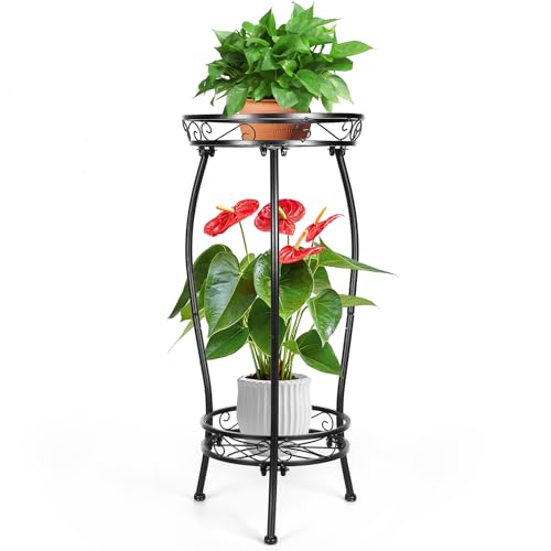 2 Tier Rustproof Iron Plant Stand - Heavy Duty Outdoor Plant Stands For Patio, Balcony Or Garden Or Planter Corner - Plant Stand Indoor (Black) - color: Black