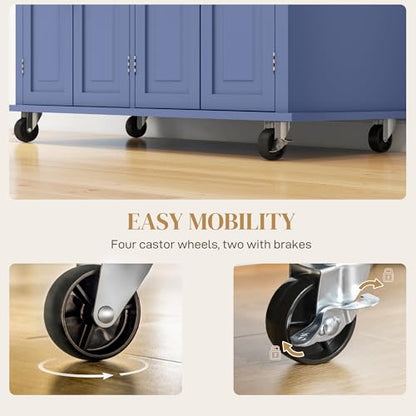 HOMCOM Kitchen Island Cart with Solid Wood Top, 44" Mobile Kitchen Island Table on Wheels with Storage Cabinets, 2 Drawers, Adjustable Shelves, Spice Rack & Towel Bar for Dining Room, Navy Blue - color: Navy Blue