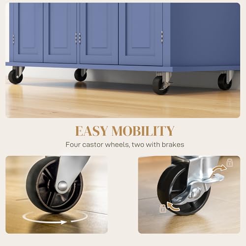 HOMCOM Kitchen Island Cart with Solid Wood Top 44" Mobile Navy Blue | Kitchen Island Table, on Wheels, Storage Cabinets, 2 Drawers, Adjustable Shelves, Spice Rack & Towel Bar, for Dining Room - color: Navy Blue
