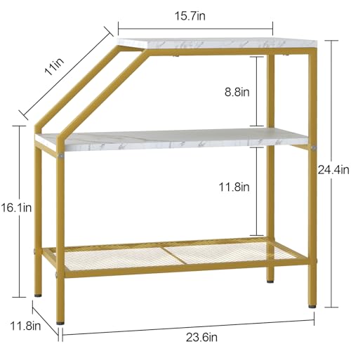 Wolawu End Table 3 Tiers 2pcs White Marble Wood Nightstand with Storage Ladder Shelf,Industrial Sofa Side Table for Small Space, Modern Trapezoid Plant Stand in Living Room Bedroom,Gold Metal Frame - color: White Marble